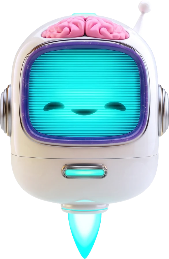 A small white robot with a pink brain, a glowing face screen and a jet flame